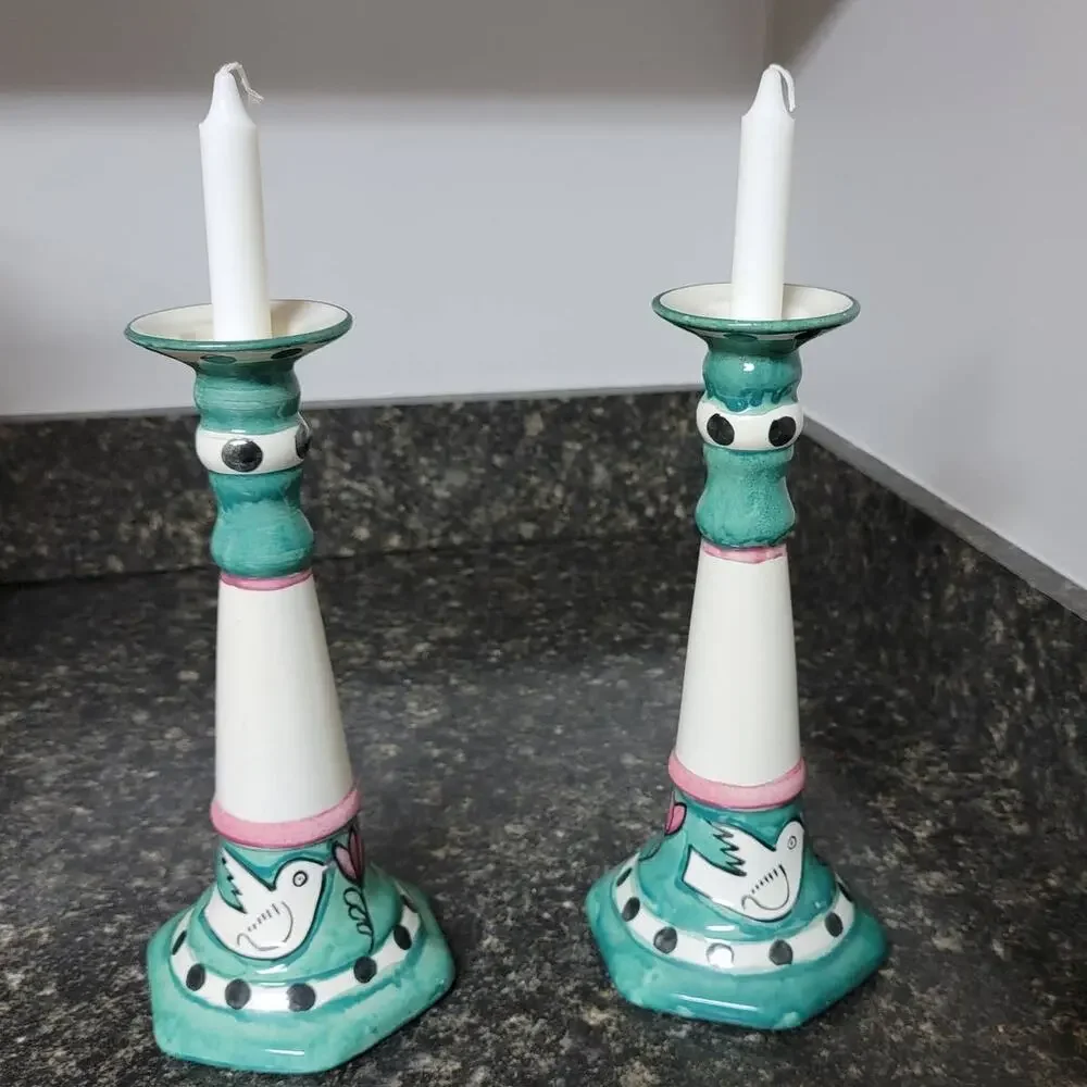 Hand Painted Pair Candlesticks Doves and Flowers